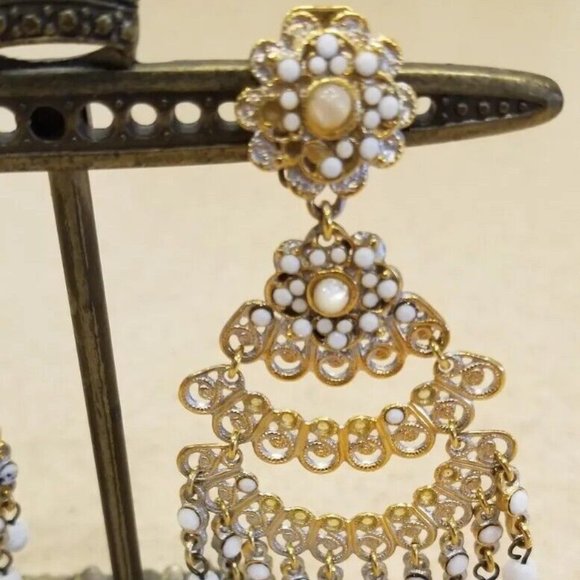 RARE VINTAGE JOSE & MARIA BARRERA WHITE STONE GOLD DROP CHANDELIER EARRINGS - Picture 6 of 10